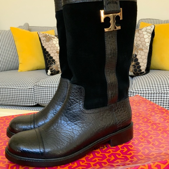 BEAUTIFUL TORY BURCH BLACK COREY MID CALF FLAT LEATHER SUEDE BOOTS SIZE 6.5 - Picture 2 of 16